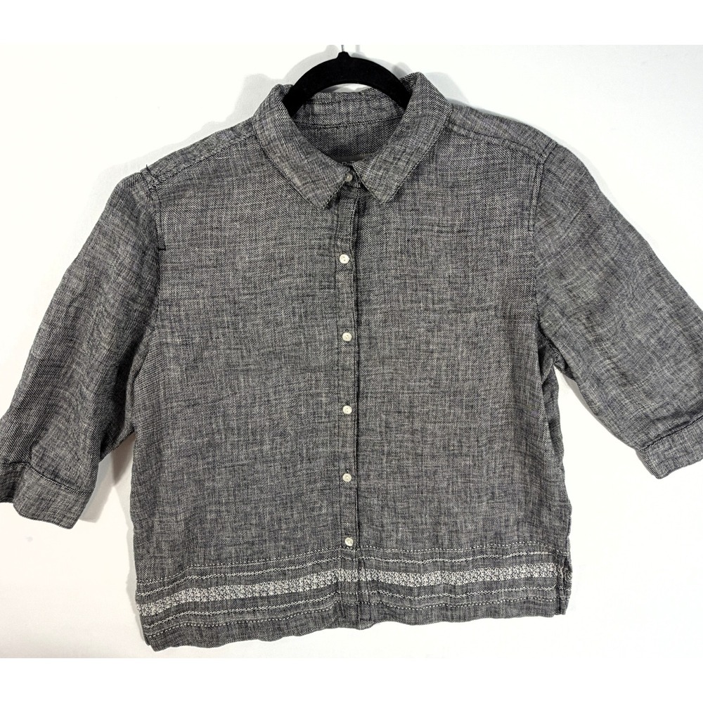 Norton Petites McNaughton Womens Black White Textured Button Up Shirt Blouse